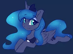Size: 1890x1395 | Tagged: safe, artist:arjinmoon, derpibooru import, princess luna, alicorn, pony, blue background, chest fluff, cute, female, looking at you, lunabetes, lying down, mare, prone, simple background, smiling, solo