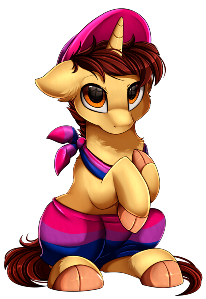 Size: 2343x3395 | Tagged: safe, artist:pridark, derpibooru import, oc, oc:ethereal divide, unicorn, adorable face, baggy sweatpants, bisexual colors, bisexual pride flag, bisexuality, cap, cloven hooves, cute, hat, looking at you, male, neckerchief, pride, pride flag, pride month, shy, sitting, solo, stallion, tail