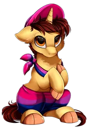 Size: 2343x3395 | Tagged: safe, artist:pridark, derpibooru import, oc, oc:ethereal divide, unicorn, adorable face, baggy sweatpants, bisexual colors, bisexual pride flag, bisexuality, cap, cloven hooves, cute, hat, looking at you, male, neckerchief, pride, pride flag, pride month, shy, sitting, solo, stallion, tail