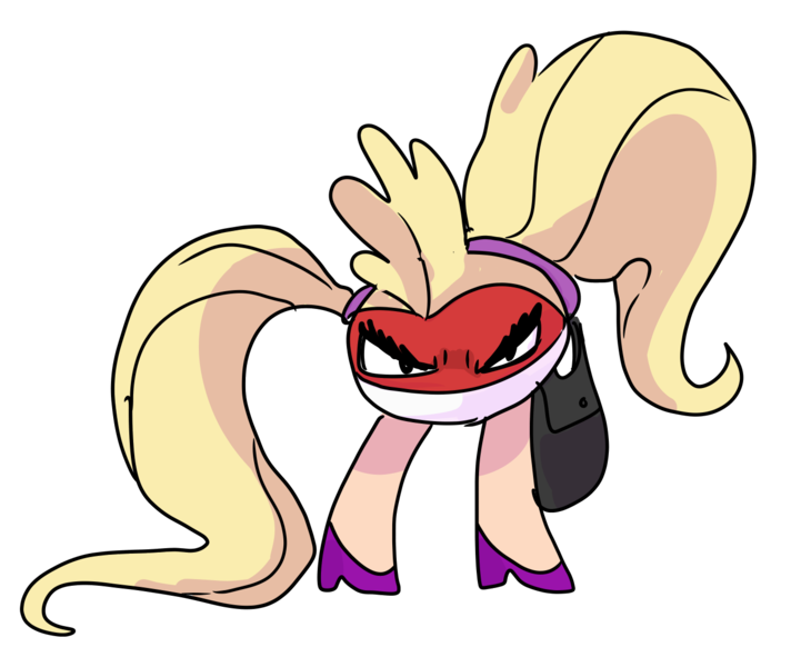 Size: 1387x1140 | Tagged: artist:nightmare fuel, barely pony related, context in source, derpibooru import, legs, not fluttershy, not salmon, pokémon, purse, safe, simple background, voltorb, wat, wig