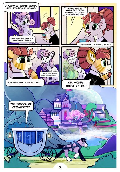 Size: 1024x1463 | Tagged: safe, artist:loryska, derpibooru import, sweetie belle, oc, oc:clarabelle, pony, comic:friendship grows, magic, offspring, older, older sweetie belle, parent:pipsqueak, parent:sweetie belle, parents:sweetiesqueak, school of friendship