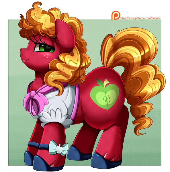 Size: 3509x3550 | Tagged: safe, artist:pridark, derpibooru import, big macintosh, earth pony, clothes, dress, female, macareina, mare, rule 63, shoes, solo