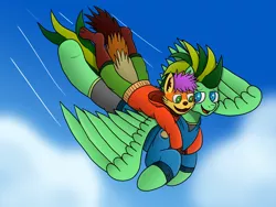 Size: 4032x3024 | Tagged: safe, artist:tacomytaco, derpibooru import, oc, oc:kai, oc:taco.m.tacoson, unofficial characters only, anthro, pegasus, pony, red panda, clothes, flying, hoodie, shorts, sky, smiling, spread wings, wings