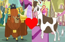 Size: 1022x654 | Tagged: a friend in deed, bovine, cow, crack shipping, cropped, daisy jo, derpibooru import, edit, edited screencap, female, male, party pooped, prince rutherford, rutherjo, safe, screencap, shipping, shipping domino, straight, yak