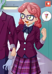 Size: 707x1000 | Tagged: safe, artist:uotapo, derpibooru import, alizarin bubblegum, celery stalk, human, equestria girls, alizary, clothes, crystal prep academy, crystal prep academy uniform, cute, female, female focus, glasses, linked arms, lockers, male, offscreen character, open mouth, plaid skirt, pleated skirt, school uniform, shipping, skirt, solo focus, straight