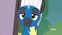 Size: 500x282 | Tagged: safe, derpibooru import, screencap, thunderlane, pegasus, pony, marks and recreation, spoiler:s07, animated, base, chef, chef's hat, clothes, discovery family logo, eyebrow wiggle, eyes half closed, gif, hat, looking at someone, male, raised eyebrows, sitting, solo, stallion, stupid sexy thunderlane, uniform, wonderbolts uniform