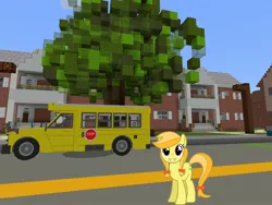 Size: 2048x1536 | Tagged: safe, artist:daringdashie, artist:topsangtheman, derpibooru import, jonagold, marmalade jalapeno popette, earth pony, pony, apple family member, house, looking at you, minecraft, school bus, solo