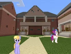 Size: 2048x1536 | Tagged: safe, artist:topsangtheman, derpibooru import, cloud kicker, queen novo, classical hippogriff, hippogriff, pegasus, pony, my little pony: the movie, house, looking at you, minecraft