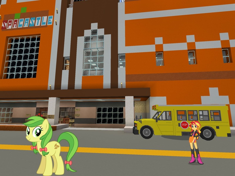 Size: 2048x1536 | Tagged: safe, artist:eugenebrony, artist:topsangtheman, derpibooru import, apple fritter, sunset shimmer, earth pony, pony, equestria girls, apple family member, looking at you, minecraft, school bus, spa castle