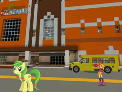 Size: 2048x1536 | Tagged: safe, artist:eugenebrony, artist:topsangtheman, derpibooru import, apple fritter, sunset shimmer, earth pony, pony, equestria girls, apple family member, looking at you, minecraft, school bus, spa castle