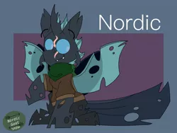 Size: 2048x1536 | Tagged: artist:nordicgoat, changeling, changeling oc, clothes, derpibooru import, eye scar, mandibles, oc, oc:nordic, raised hoof, safe, scar, scarf, simple background, solo, spread wings, sweater, unofficial characters only, wings