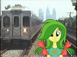 Size: 2048x1536 | Tagged: safe, artist:topsangtheman, artist:wubcakeva, derpibooru import, apple fritter, pony, equestria girls, apple family member, equestria girls-ified, irl, looking at you, philadelphia, photo, ponies in real life, septa, train