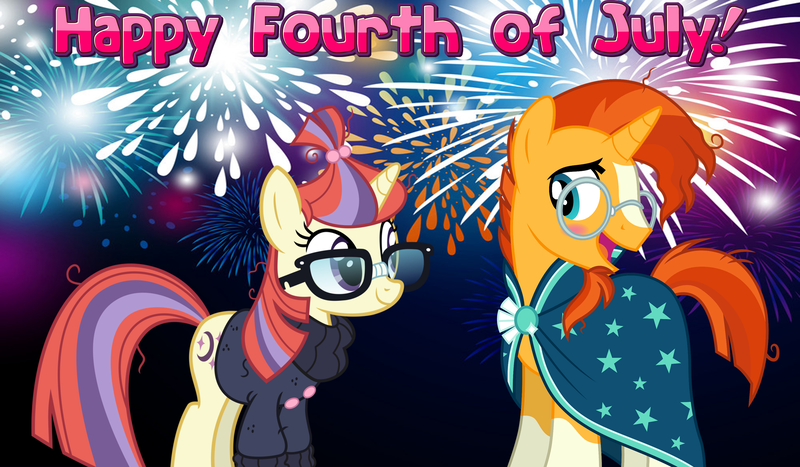 Size: 2064x1204 | Tagged: safe, derpibooru import, moondancer, sunburst, pony, unicorn, 4th of july, blushing, bonding, bookworm, cape, clothes, egghead, female, fireworks, friendship, glasses, holiday, looking at each other, male, night, shipping, smiling, straight, sundancer, sweater