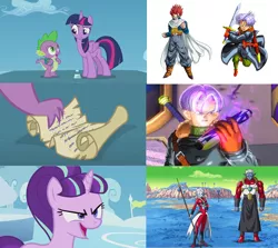 Size: 2408x2152 | Tagged: safe, derpibooru import, spike, starlight glimmer, twilight sparkle, twilight sparkle (alicorn), alicorn, dragon, unicorn, season 5, the cutie re-mark, ace the future warrior, backpack, comparison, dragon ball xenoverse, future trunks, mira, scroll, towa