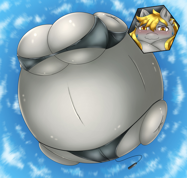 Size: 4200x4000 | Tagged: anthro, artist:silryan, belly, big belly, big breasts, bingo wings, blimp, blushing, bra, breasts, clothes, derpibooru import, derpy hooves, floating, helium inflation, helium tank, helpless, hose, huge belly, huge breasts, impossibly large belly, impossibly large breasts, inflated ears, inflation, panties, pegasus, questionable, shiny, skimpy outfit, sweat, sweatdrop, underwear, wavy mouth