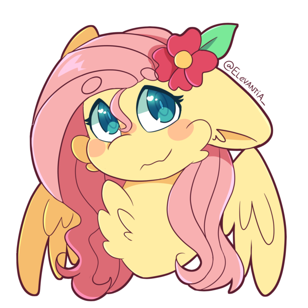 Size: 2400x2400 | Tagged: safe, artist:elevantia, derpibooru import, fluttershy, pegasus, pony, beanbrows, blush sticker, blushing, bust, cheek fluff, chest fluff, cute, eyebrows, female, floppy ears, flower, flower in hair, heart eyes, looking at you, mare, outline, portrait, shyabetes, simple background, solo, spread wings, stray strand, three quarter view, transparent background, wavy mouth, white outline, wingding eyes, wings