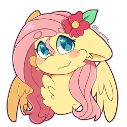 Size: 2400x2400 | Tagged: safe, artist:elevantia, derpibooru import, fluttershy, pegasus, pony, beanbrows, blush sticker, blushing, bust, cheek fluff, chest fluff, cute, eyebrows, female, floppy ears, flower, flower in hair, heart eyes, looking at you, mare, outline, portrait, shyabetes, simple background, solo, spread wings, stray strand, three quarter view, transparent background, wavy mouth, white outline, wingding eyes, wings