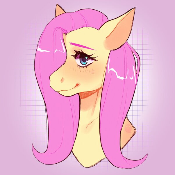 Size: 2048x2041 | Tagged: safe, artist:cozygh0st, derpibooru import, fluttershy, pony, blushing, bust, cute, female, hair over one eye, high res, looking at you, mare, portrait, shyabetes, smiling, solo, three quarter view