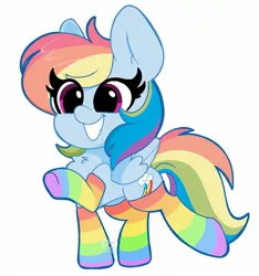 Size: 1920x2048 | Tagged: safe, artist:kittyrosie, derpibooru import, rainbow dash, pegasus, pony, chest fluff, clothes, cute, dashabetes, female, mare, rainbow socks, simple background, smiling, socks, solo, striped socks, white background