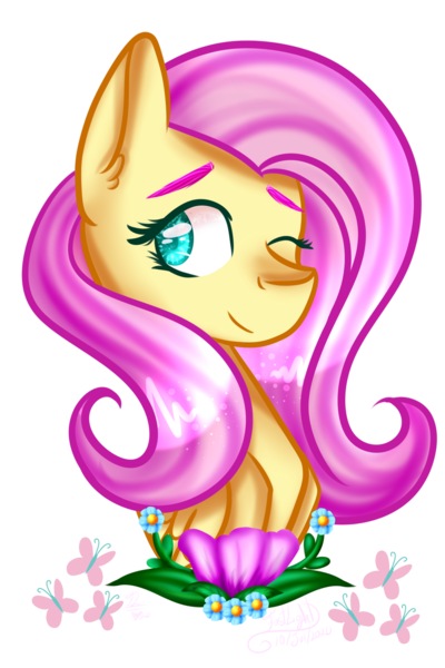 Size: 1024x1536 | Tagged: safe, artist:la-tia-fasti, derpibooru import, fluttershy, pegasus, pony, bust, cute, cutie mark, female, flower, folded wings, looking at you, mare, one eye closed, portrait, shyabetes, sidemouth, simple background, smiling, solo, three quarter view, transparent background, wings, wink, winking at you