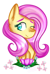 Size: 1024x1536 | Tagged: safe, artist:la-tia-fasti, derpibooru import, fluttershy, pegasus, pony, bust, cute, cutie mark, female, flower, folded wings, looking at you, mare, one eye closed, portrait, shyabetes, sidemouth, simple background, smiling, solo, three quarter view, transparent background, wings, wink, winking at you