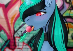 Size: 1080x761 | Tagged: safe, artist:chrystal_company, derpibooru import, oc, unofficial characters only, pony, unicorn, bust, candy, choker, ear fluff, eating, food, glowing horn, graffiti, horn, licking, lollipop, magic, open mouth, solo, telekinesis, tongue out, unicorn oc