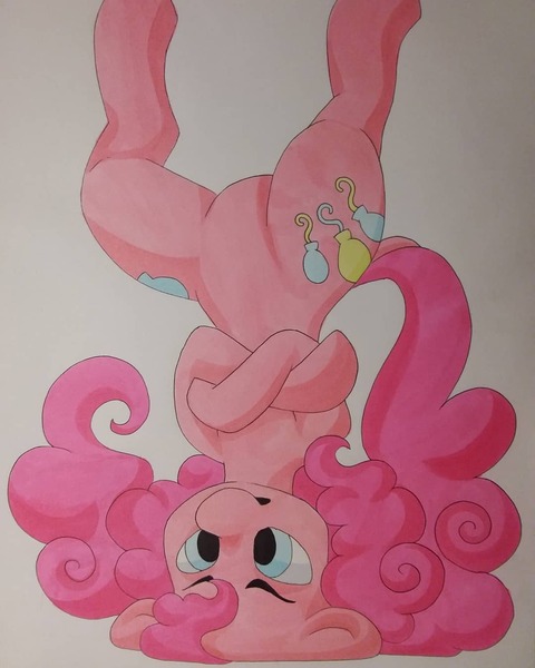 Size: 1080x1350 | Tagged: safe, artist:c_owokie, derpibooru import, pinkie pie, earth pony, pony, balancing, both cutie marks, crossed arms, female, mare, solo, traditional art, upside down