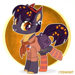 Size: 1198x1200 | Tagged: safe, artist:esgest, derpibooru import, oc, oc:tricky treat, unofficial characters only, bat, dracony, dragon, ghost, hybrid, pony, undead, badge, bag, bandana, candy, candy corn, clothes, ear piercing, earring, fangs, female, food, headband, jewelry, mare, piercing, pin, pumpkin, raised leg, saddle bag, shirt, shorts, socks, solo, striped socks