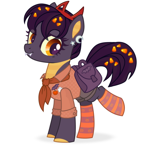 Size: 1198x1200 | Tagged: safe, alternate version, artist:esgest, derpibooru import, oc, oc:tricky treat, unofficial characters only, bat, dracony, dragon, ghost, hybrid, pony, undead, bad, badge, bag, bandana, candy, candy corn, clothes, ear piercing, earring, fangs, female, food, headband, jewelry, mare, piercing, pin, pumpkin, raised leg, saddle bag, shirt, shorts, simple background, socks, solo, striped socks, transparent background