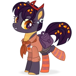 Size: 1198x1200 | Tagged: safe, alternate version, artist:esgest, derpibooru import, oc, oc:tricky treat, unofficial characters only, bat, dracony, dragon, ghost, hybrid, pony, undead, bad, badge, bag, bandana, candy, candy corn, clothes, ear piercing, earring, fangs, female, food, headband, jewelry, mare, piercing, pin, pumpkin, raised leg, saddle bag, shirt, shorts, simple background, socks, solo, striped socks, transparent background