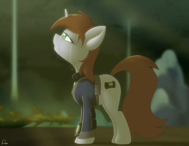 Size: 3300x2550 | Tagged: safe, artist:dmann892, derpibooru import, oc, oc:littlepip, unofficial characters only, pony, unicorn, fallout equestria, fanfic, clothes, crying, fanfic art, female, hooves, horn, mare, pipbuck, solo, vault suit