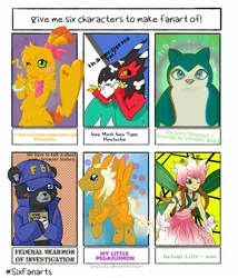 Size: 1686x1968 | Tagged: safe, artist:indominus_art, derpibooru import, ponified, anthro, hawlucha, pegasus, pegasusmon, pikachu, pony, snorlax, six fanarts, anthro with ponies, bearmon, blushing, bracelet, chest fluff, claws, clothes, cloud, crossover, digimon, fbi, female, flying, hoof shoes, jewelry, lillymon, lipstick, mask, one eye closed, pokémon, smiling, wide eyes, wink