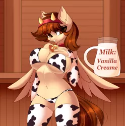 Size: 3088x3117 | Tagged: suggestive, alternate version, artist:airiniblock, derpibooru import, oc, oc:vanilla creame, unofficial characters only, anthro, pegasus, pony, anthro oc, commission, cowprint, pegasus oc, rcf community, wings