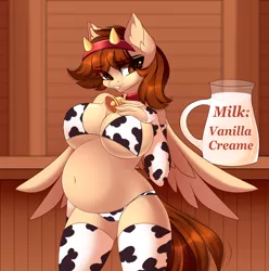 Size: 3088x3117 | Tagged: suggestive, alternate version, artist:airiniblock, derpibooru import, edit, oc, oc:vanilla creame, unofficial characters only, anthro, pegasus, pony, anthro oc, breasts, commission, cowprint, pegasus oc, pregnant, pregnant edit, wings