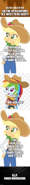 Size: 500x3081 | Tagged: safe, artist:bezziie, artist:cloudyglow, derpibooru import, applejack, rainbow dash, equestria girls, ancestors, cowgirl, ennio morricone, flashback, in memoriam, old west, once upon a time in the west, rest in peace, the good the bad and the ugly, wild west
