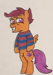 Size: 900x1280 | Tagged: artist:whistle blossom, belly button, bipedal, bow, clothes, cosplay, costume, crossover, cute, cutealoo, cutie mark, derpibooru import, female, filly, foal, grin, marker drawing, pegasus, safe, scootaloo, semi-anthro, signature, simple background, smiling, smiling at you, solo, standing, the backyardigans, the cmc's cutie marks, traditional art, tyrone, white background