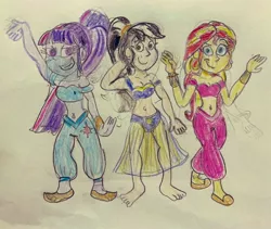 Size: 1024x866 | Tagged: safe, artist:13mcjunkinm, derpibooru import, sunset shimmer, twilight sparkle, oc, oc:suki, equestria girls, bare shoulders, barefoot, bedroom eyes, belly button, belly dancer, belly dancer outfit, bracelet, commission, ear piercing, earring, feet, harem outfit, hooped earrings, jewelry, long hair, looking at you, midriff, original art, piercing, raised eyebrow, veil