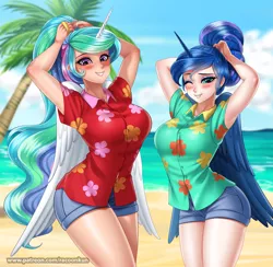 Size: 4365x4255 | Tagged: alicorn, alicorn humanization, alternate hairstyle, alternate version, anime, armpits, artist:racoonsan, beach, between dark and dawn, big breasts, blushing, breasts, busty princess celestia, busty princess luna, clothes, cute, cutelestia, denim shorts, derpibooru import, duo, female, hair bun, hawaiian shirt, horn, horned humanization, human, humanized, lunabetes, mare, multicolored hair, nail polish, ocean, one eye closed, open mouth, palm tree, ponytail, princess celestia, princess luna, royal sisters, safe, shirt, shorts, siblings, sisters, tree, vacation, winged humanization, wings, wink