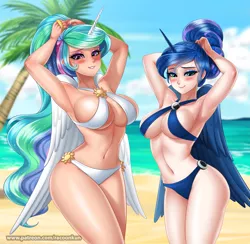 Size: 4365x4255 | Tagged: absolute cleavage, absurd resolution, adorasexy, alicorn, alicorn humanization, alternate hairstyle, alternate version, anime, armpits, artist:racoonsan, bashful, beach, beach babe, belly button, between dark and dawn, big breasts, bikini, bikini babe, blushing, bocas top, breasts, busty princess celestia, busty princess luna, cleavage, clothes, cute, cutelestia, derpibooru import, duo, female, hair bun, horn, horned humanization, huge breasts, human, humanized, lunabetes, mare, multicolored hair, nail polish, ocean, open mouth, palm tree, ponytail, princess celestia, princess luna, royal sisters, sexy, stupid sexy celestia, stupid sexy luna, suggestive, swimsuit, tree, vacation, winged humanization, wings