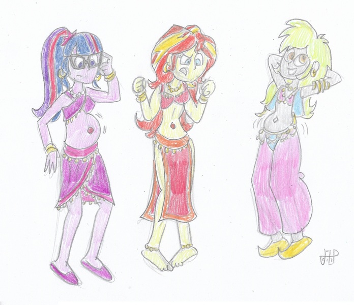 Size: 2252x1940 | Tagged: safe, artist:emperornortonii, derpibooru import, derpy hooves, sci-twi, sunset shimmer, twilight sparkle, equestria girls, armlet, armpits, barefoot, belly button, belly dance, belly dancer, belly dancer outfit, belly jewel, bracelet, confused, ear piercing, earring, feet, frustrated, glasses, harem outfit, hooped earrings, image, jeweled navel, jewelry, jpeg, loincloth, long hair, midriff, necklace, piercing, signature