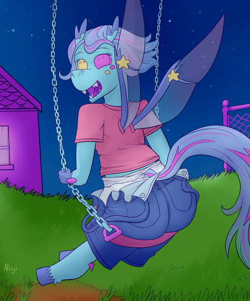 Size: 1589x1913 | Tagged: adult foal, anthro, artist:ninji, changedling, changeling, clothes, derpibooru import, diaper, diaper fetish, fetish, grass, house, oc, oc:stargrazer, overalls, stars, suggestive, swing