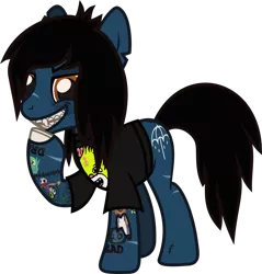 Size: 1097x1146 | Tagged: safe, artist:lightningbolt, derpibooru import, ponified, ponified:oliver sykes, earth pony, pony, undead, zombie, zombie pony, .svg available, bloodshot eyes, bone, bring me the horizon, chipped tooth, clothes, colored pupils, colored sclera, creepy, creepy smile, drop dead clothing, fangs, glasgow smile, hair over one eye, looking at you, male, raised hoof, scar, shirt, simple background, skull, smiling, solo, stallion, stitches, svg, t-shirt, tattoo, torn ear, transparent background, vector