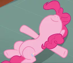 Size: 1083x931 | Tagged: safe, derpibooru import, screencap, pinkie pie, earth pony, pony, too many pinkie pies, belly, cropped, cute, diapinkes, laying on ground, smiling, solo