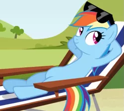 Size: 603x537 | Tagged: safe, derpibooru import, screencap, rainbow dash, too many pinkie pies, chair, cropped, cute, dashabetes, hooves behind head, reclining, solo, sunglasses