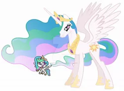 Size: 1920x1415 | Tagged: safe, artist:lextsy, artist:princesslunayay, derpibooru import, princess celestia, alicorn, pony, my little pony: pony life, base used, celestia is not amused, crown, deviantart, deviantart watermark, duo, female, flying, frown, giant alicorn, giant pony, giantlestia, happy, hoof shoes, jewelry, looking down, macro, mare, necklace, obtrusive watermark, princess celestia is not amused, regalia, self paradox, self ponidox, simple background, size difference, spread wings, unamused, watermark, white background, wings