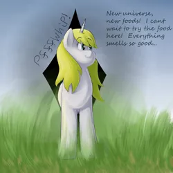 Size: 2500x2500 | Tagged: safe, artist:lupin quill, derpibooru import, oc, oc:snow veil, unicorn, series:universal appetite (weight gain), dialogue, fat, fat fetish, female, fetish, grass, grass field, horn, solo, this will end in weight gain, unicorn oc, weight gain, weight gain sequence