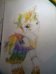 Size: 640x853 | Tagged: safe, artist:kiwwsplash, derpibooru import, oc, unofficial characters only, alicorn, pony, alicorn oc, clothes, dress, hoof shoes, horn, makeup, multicolored hair, peytral, rainbow hair, solo, traditional art, wings