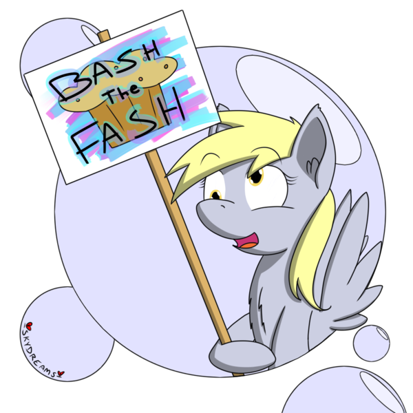 Size: 1024x1024 | Tagged: safe, artist:skydreams, derpibooru import, derpy hooves, pegasus, pony, anti-nazism, antifa, bubble, chest fluff, female, food, mare, mouthpiece, muffin, politics, sign