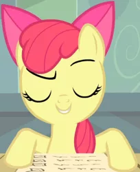 Size: 614x752 | Tagged: apple bloom, cropped, derpibooru import, eyes closed, list, raised eyebrow, safe, screencap, smiling, smirk, smug, solo, somepony to watch over me