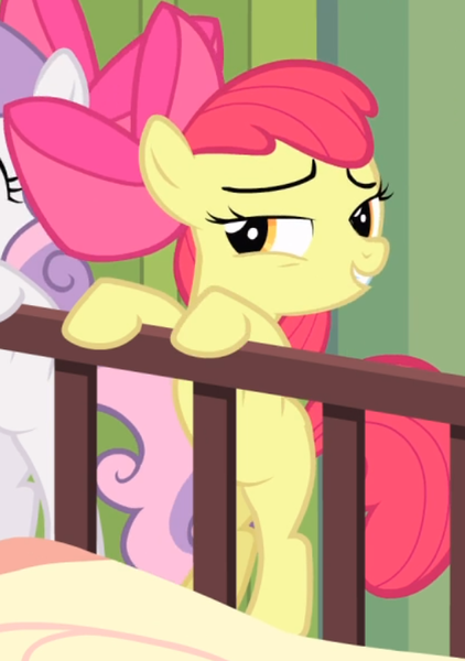 Size: 547x777 | Tagged: apple bloom, cropped, derpibooru import, lidded eyes, offscreen character, safe, screencap, smiling, smirk, smug, solo, somepony to watch over me